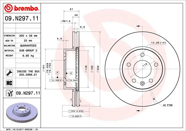 09N29711C02 – BREMBO Brake Rotor, Vented One Piece Design Wheel Bolt Pattern 5 x 115 Millimeter 300 Millimeter Diamet...